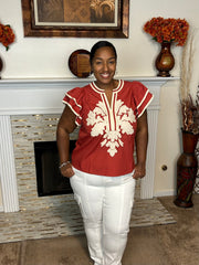 Embroidered Appliqué Flutter Sleeve Top