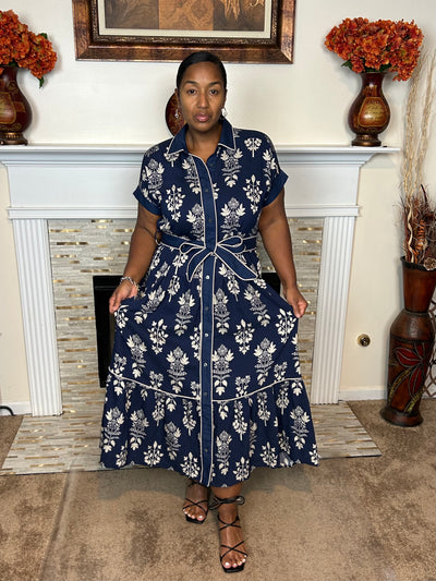 Botanical Stripe-Trim Midi Dress