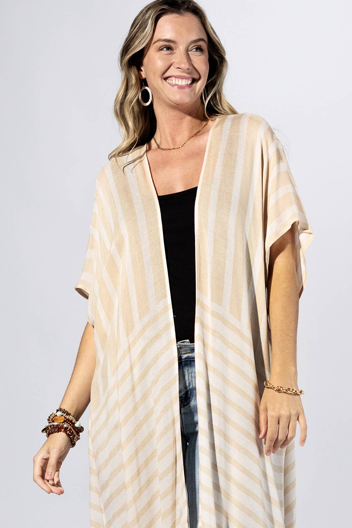 Beige Stripe Border Kimono