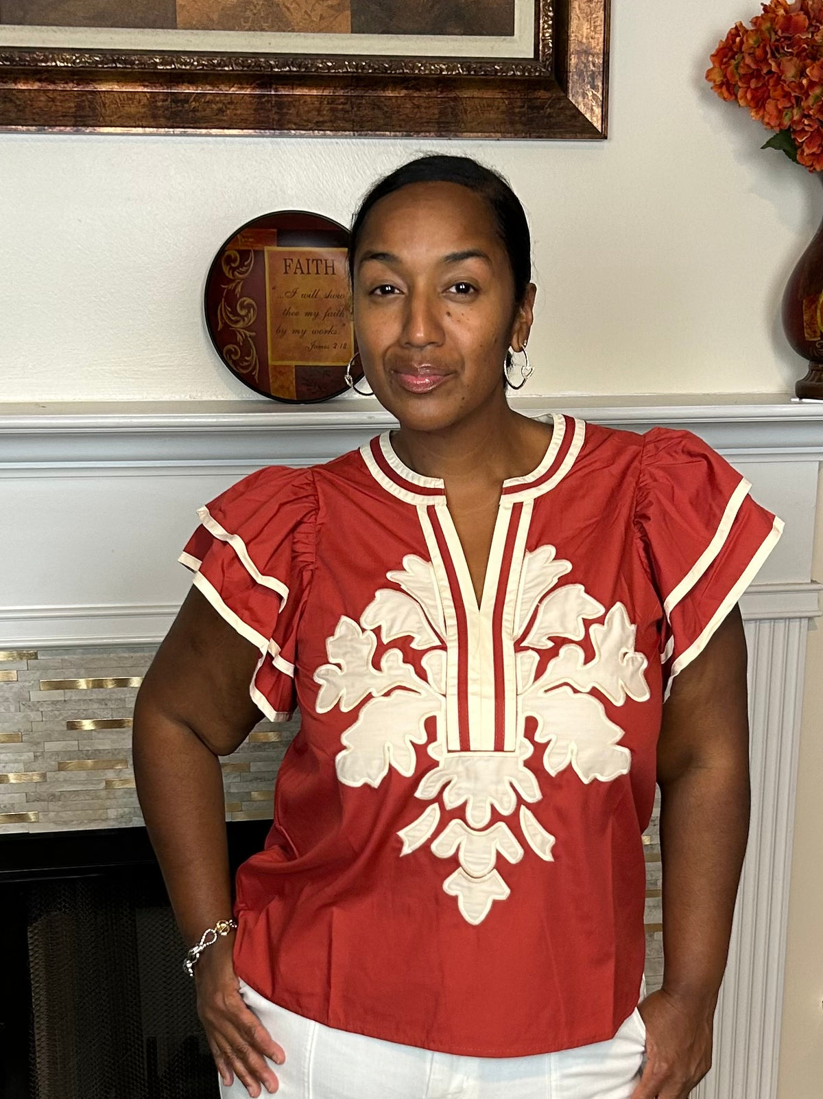 Embroidered Appliqué Flutter Sleeve Top