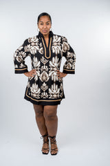 Baroque Floral Tunic Dress with Gold Trim