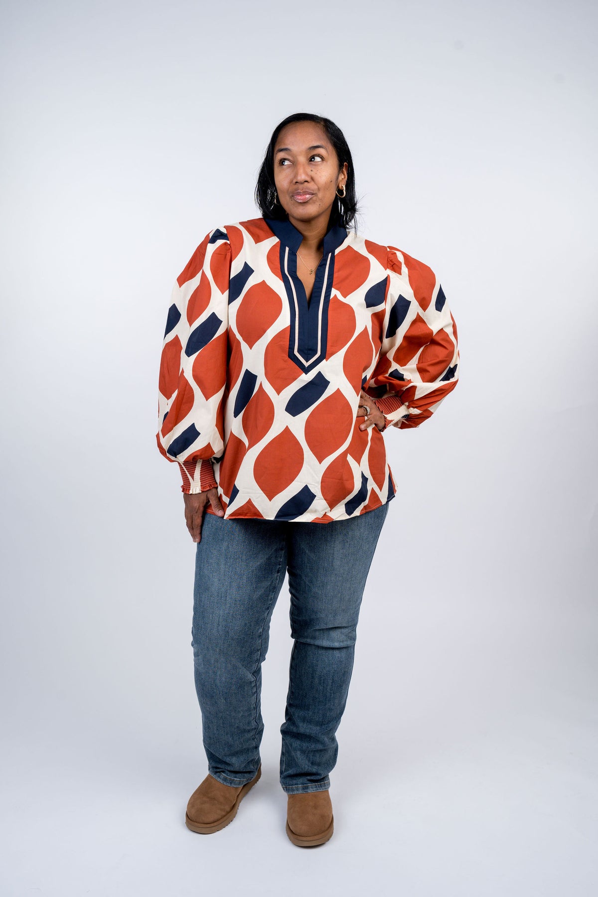 Printed Balloon Sleeve Top