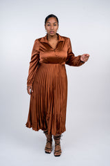 Surplice Long Sleeve Satin Pleated Midi Dress - Dynasty