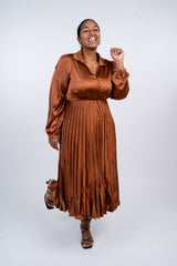 Surplice Long Sleeve Satin Pleated Midi Dress - Dynasty