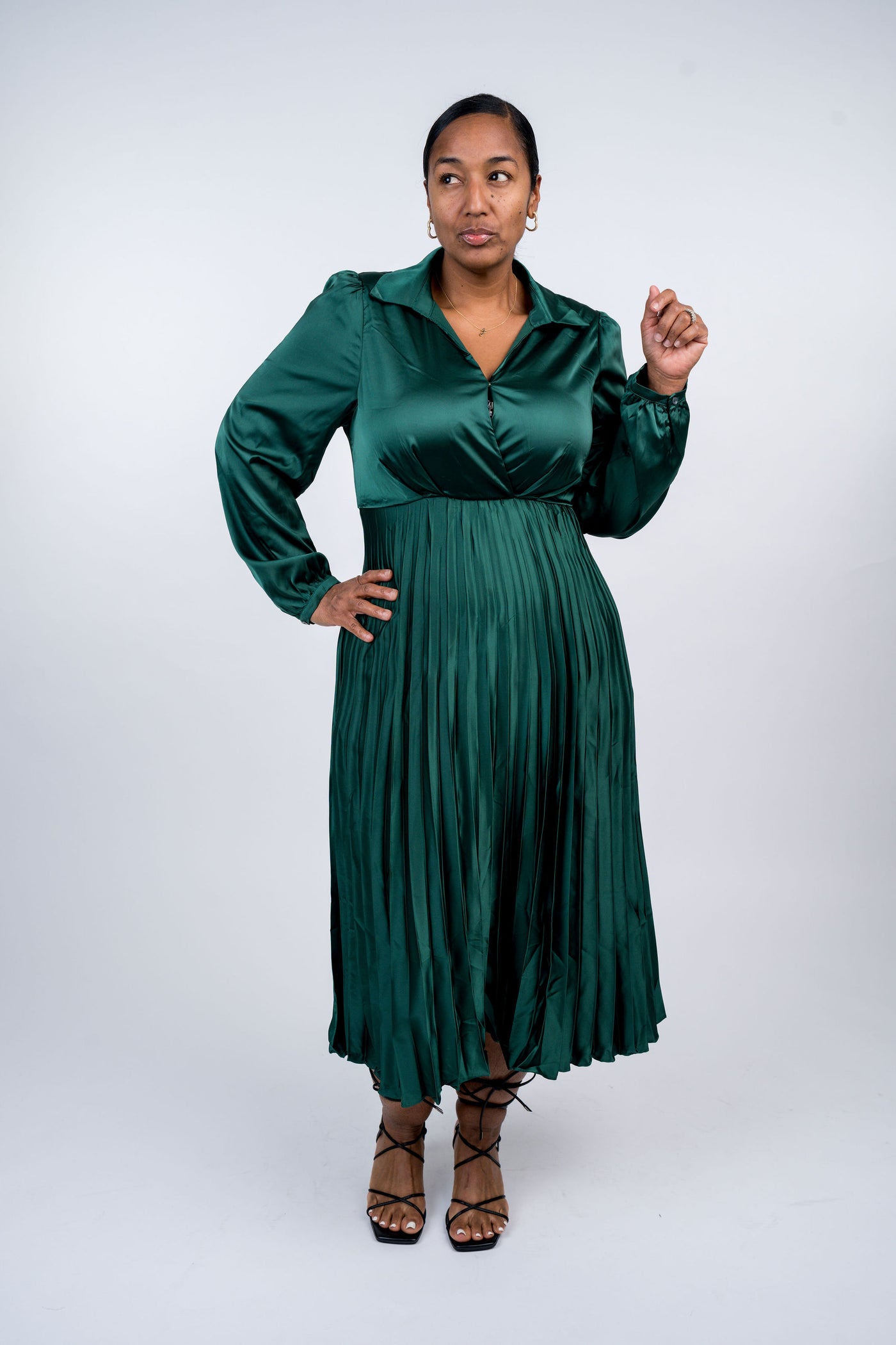 Surplice Long Sleeve Satin Pleated Midi Dress - Dynasty