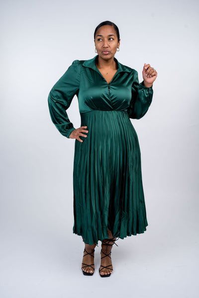 Surplice Long Sleeve Satin Pleated Midi Dress - Dynasty