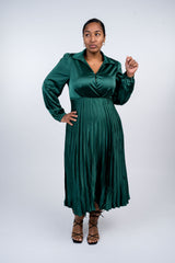 Surplice Long Sleeve Satin Pleated Midi Dress - Dynasty