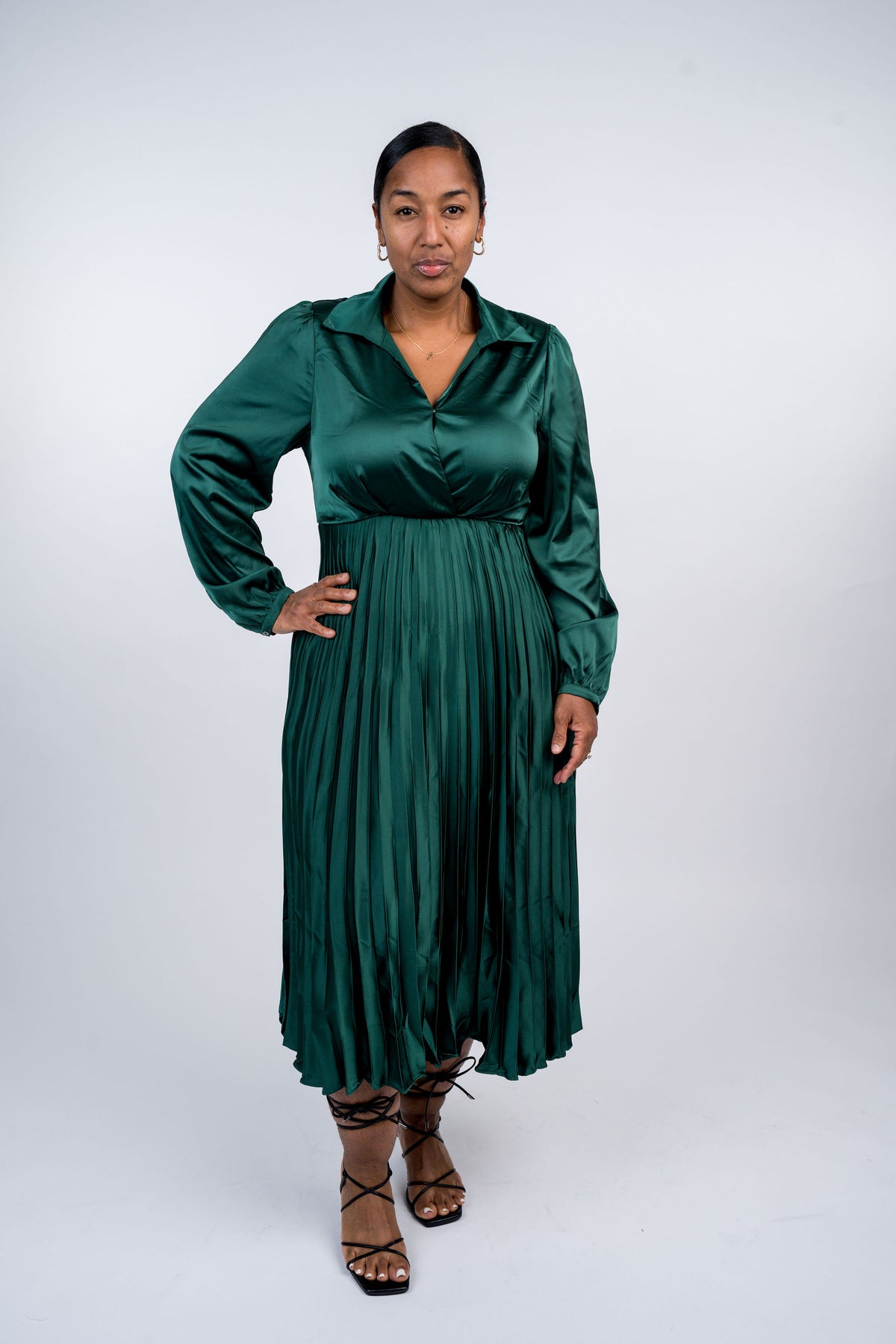 Surplice Long Sleeve Satin Pleated Midi Dress - Dynasty