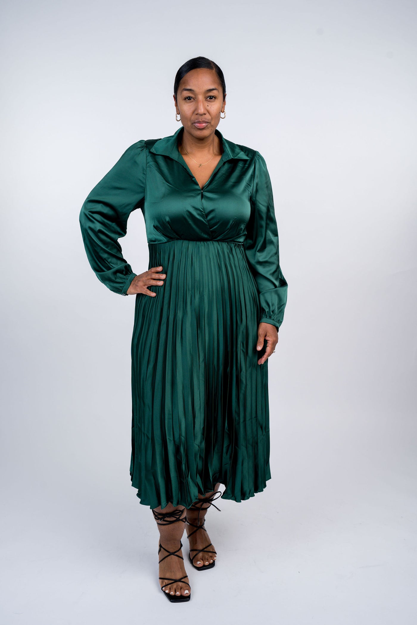 Surplice Long Sleeve Satin Pleated Midi Dress - Dynasty
