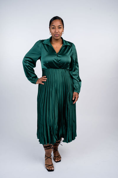 Surplice Long Sleeve Satin Pleated Midi Dress - Dynasty