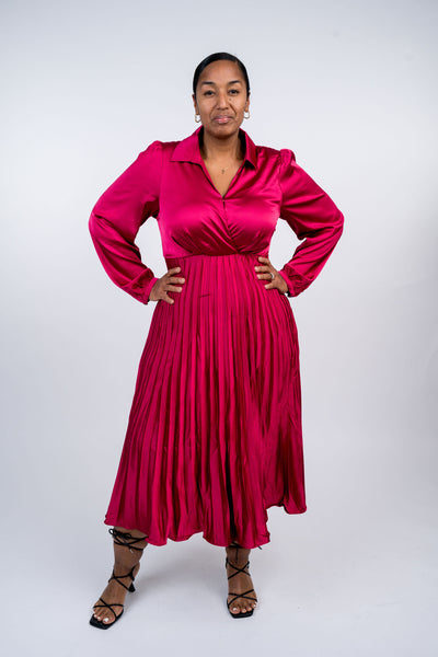 Surplice Long Sleeve Satin Pleated Midi Dress - Dynasty