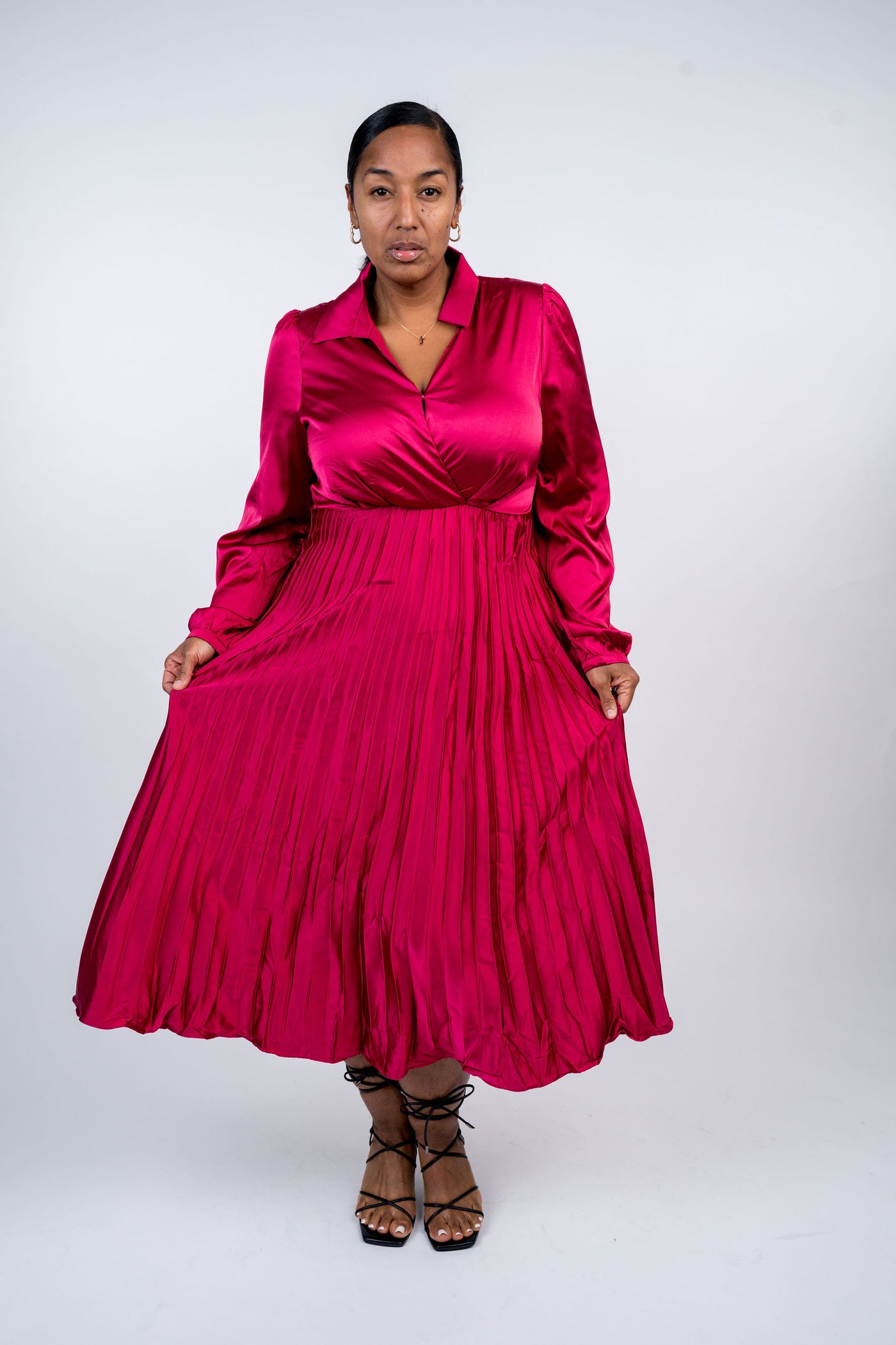 Surplice Long Sleeve Satin Pleated Midi Dress - Dynasty