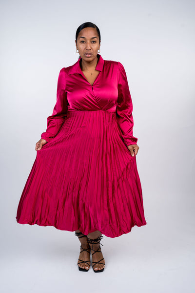 Surplice Long Sleeve Satin Pleated Midi Dress - Dynasty