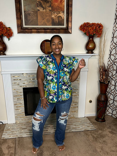 Multi-Floral Ruffle Sleeve V-Neck Top