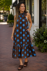 Dot to Dinner Ruffle Neck Midi Dress