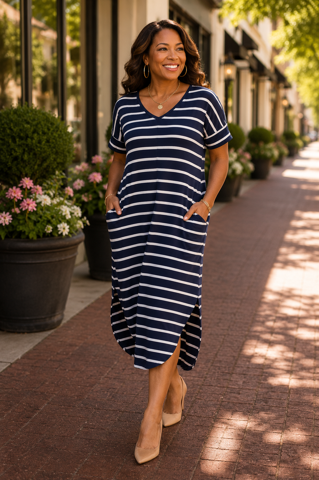 Striped Curved Hem Midi Dress with Pockets