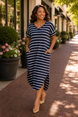 Striped Curved Hem Midi Dress with Pockets