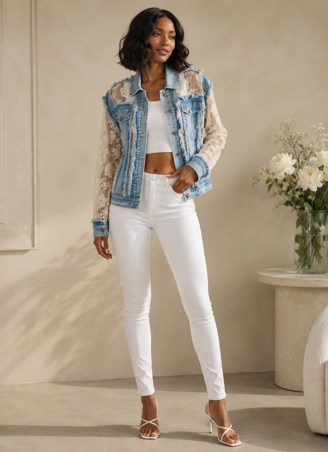 Denim Jacket with Floral Lace