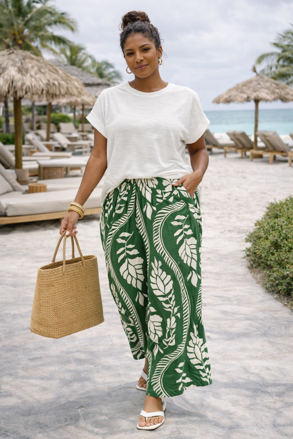 Tropical Leaf Wide-Leg Pants & Slub Tee Set