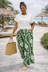 Tropical Leaf Wide-Leg Pants & Slub Tee Set