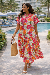 Bold Floral Tiered Midi Dress (WC5925)