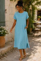 Round Neck Short Sleeve Midi Dress With Pocket