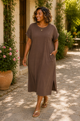 Round Neck Short Sleeve Midi Dress With Pocket
