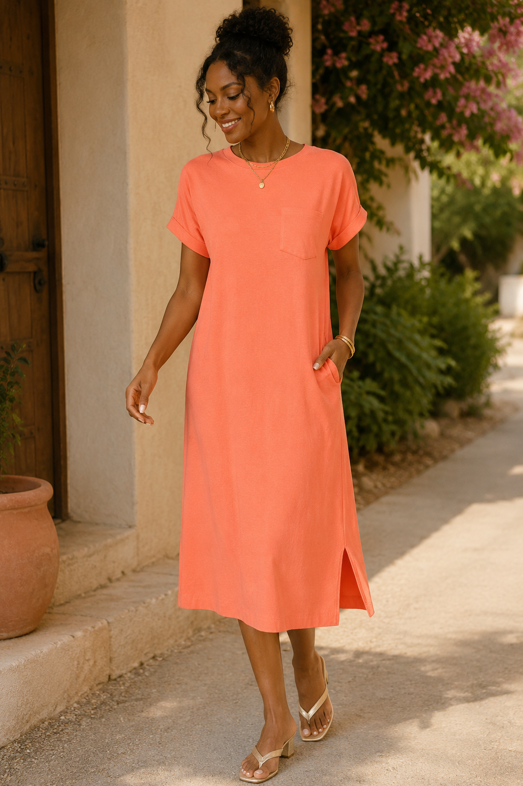 Round Neck Short Sleeve Midi Dress With Pocket