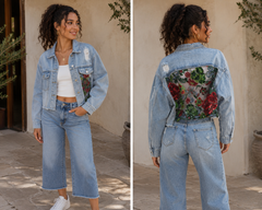 Rose Sequence Mesh Contrast Denim Jacket