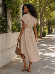 Short Sleeve Belted Shirt Dress – Air Wash Button Down Midi Dress