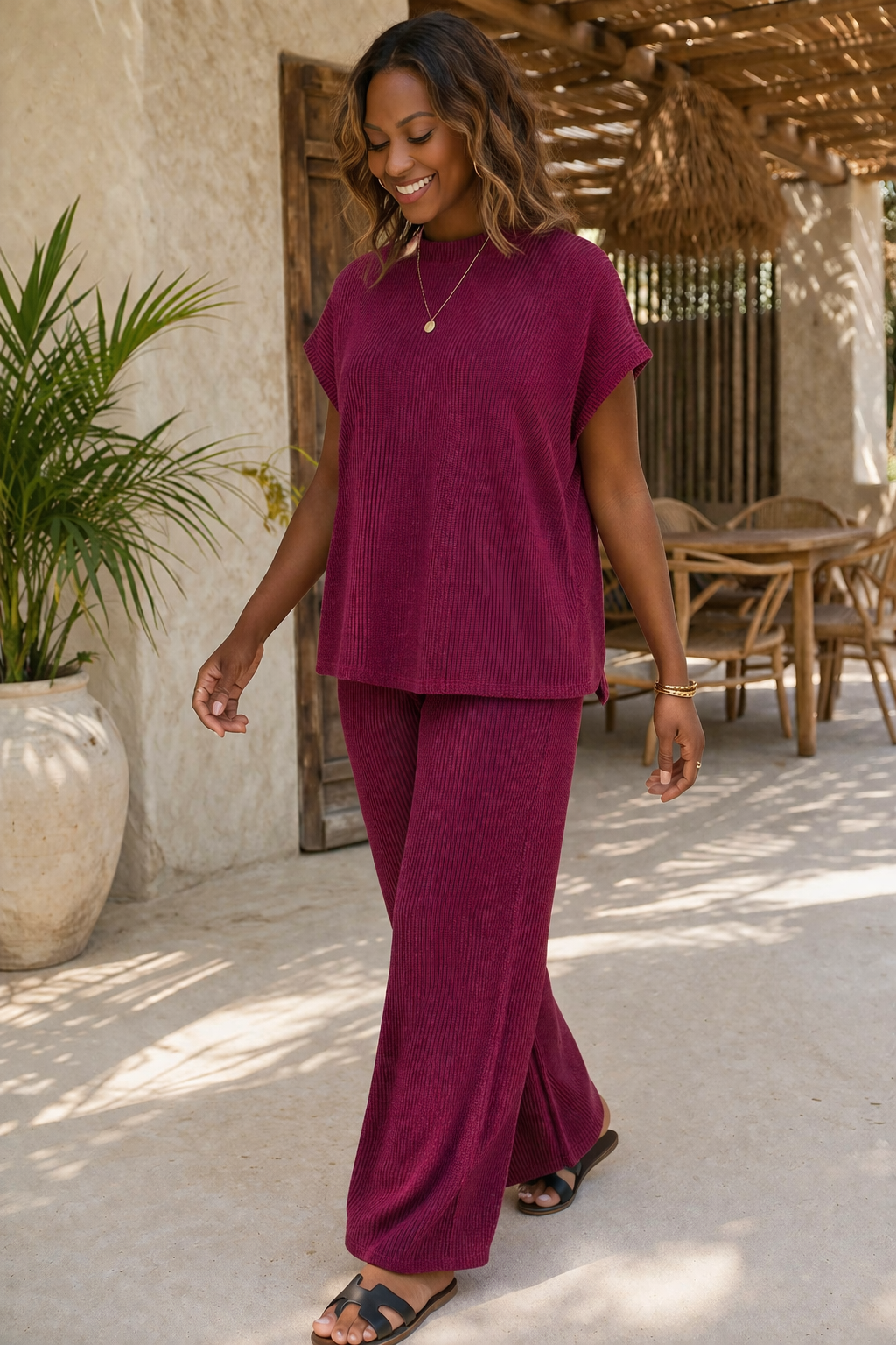 Raised Rib Mock Neck Tee and Wide-Leg Pants Set
