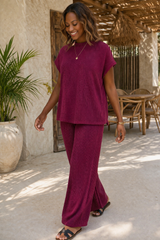 Raised Rib Mock Neck Tee and Wide-Leg Pants Set