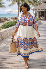Medallion Border Print Emqpire Midi Dress (qC5837)