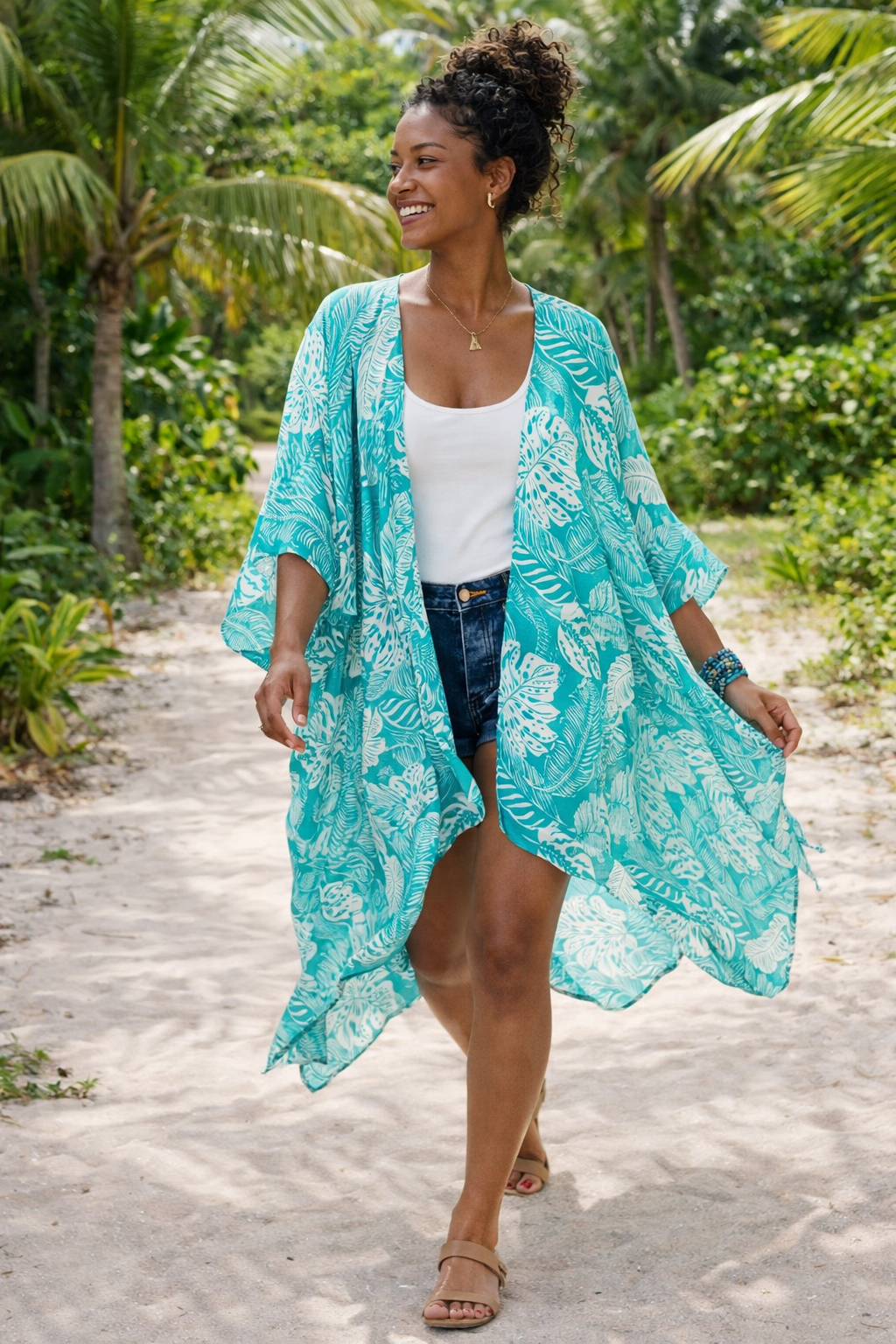 Aqua Palm-Leaf Kimono