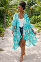 Aqua Palm-Leaf Kimono