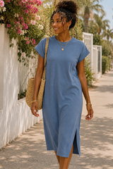 Round Neck Short Sleeve Midi Dress
