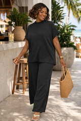 Raised Rib Mock Neck Tee and Wide-Leg Pants Set