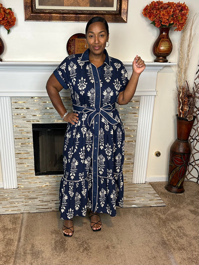 Botanical Stripe-Trim Midi Dress