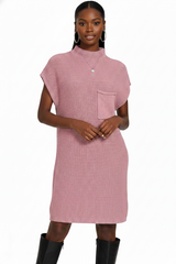 Mock Neck Short Sleeve Sweater Dress with Pocket