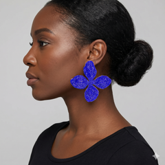 Oversized Bling Studded Flower Earrings Blue