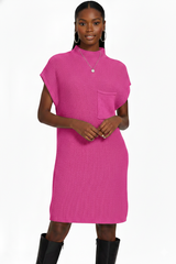 Mock Neck Short Sleeve Sweater Dress with Pocket