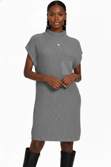Mock Neck Short Sleeve Sweater Dress with Pocket