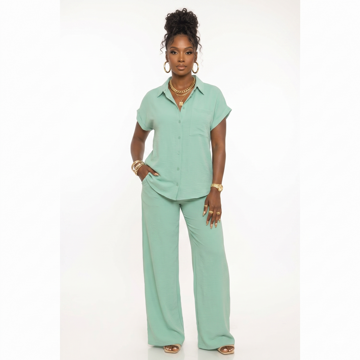 Air Flow Button Down Shirts Top And Pants Set