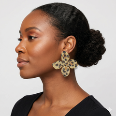 Oversized Leopard Bling Studded Flower Earrings