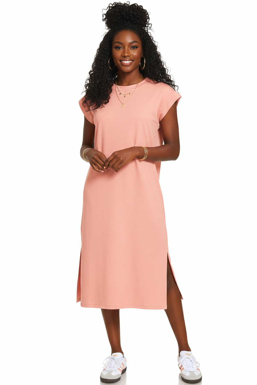 Round Neck Short Sleeve Midi Dress