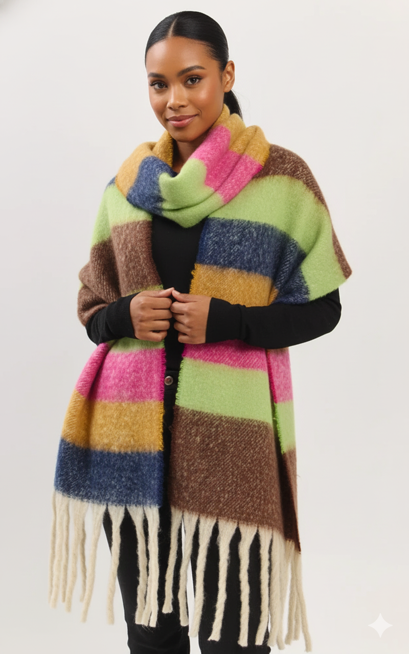 MULTI COLOR STIPRED BRUSHED FRINGED SCARF
