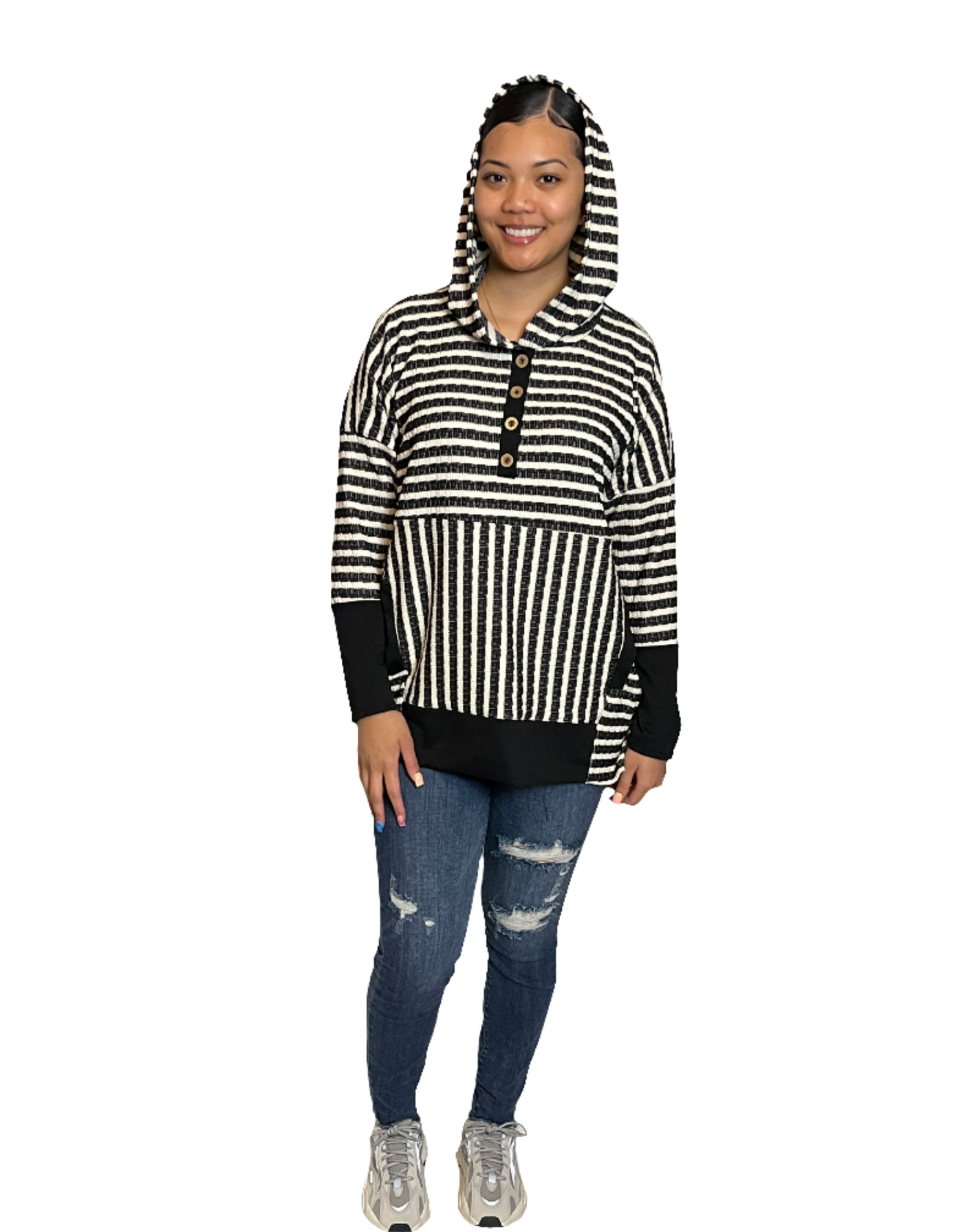 LONG SLEEVE STRIPE AND SOLID CONTRAST HOOIDE TOP