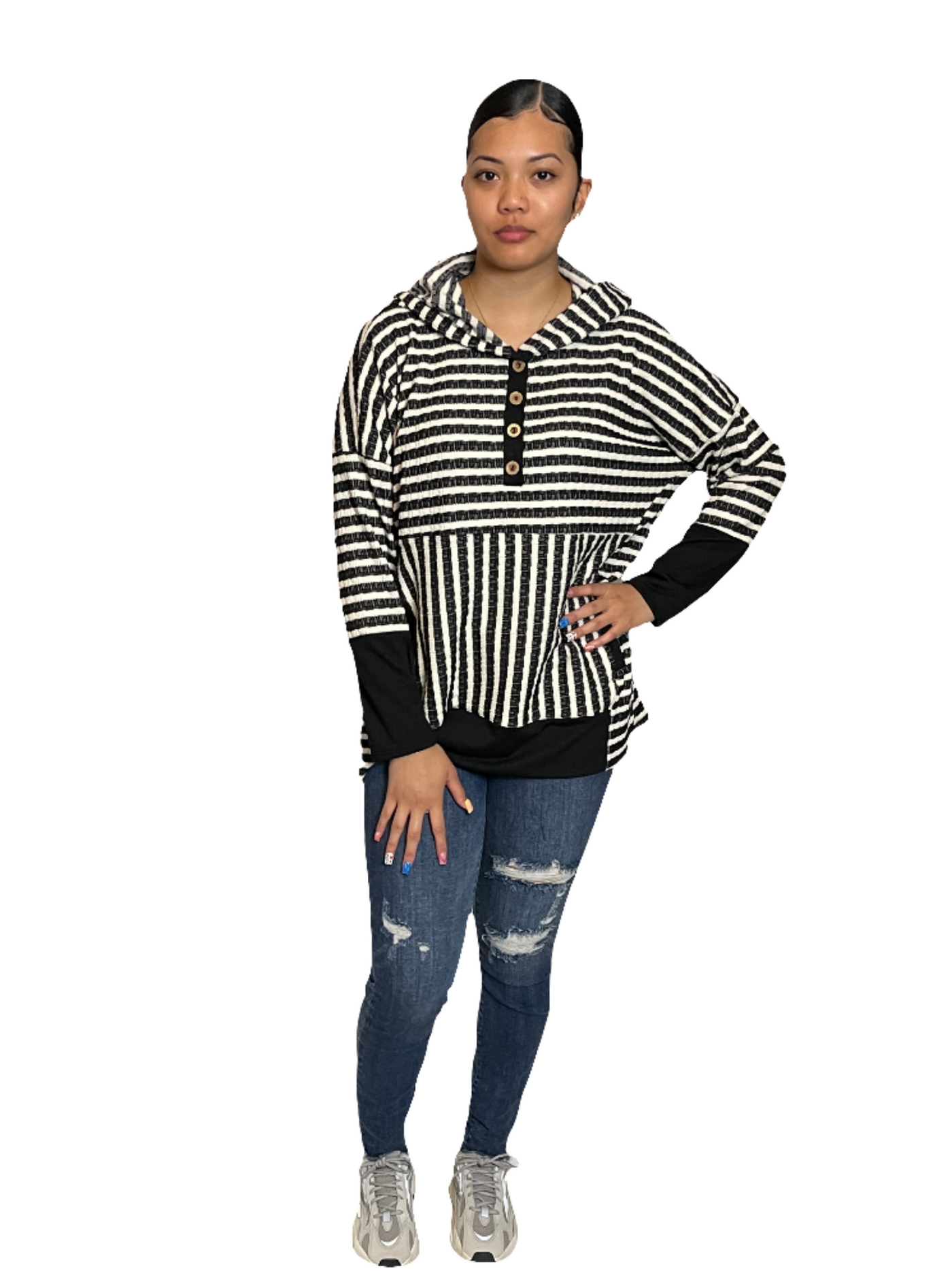 LONG SLEEVE STRIPE AND SOLID CONTRAST HOOIDE TOP