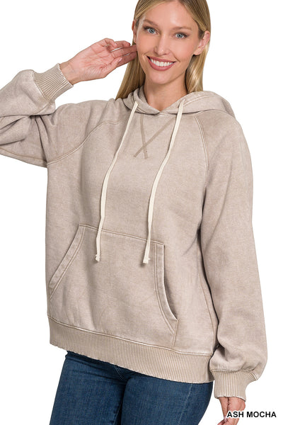 Acid Wash Fleece Hoodie With Pockets