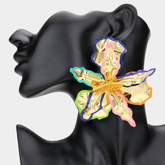 Oversized Enamel Painted Rim Hammered Metal Flower Earrings